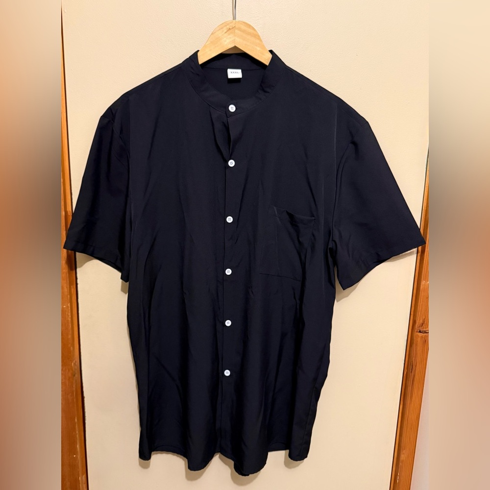 SHEIN Black Mandarin Collar Short Sleeve Button Up Shirt XXXL